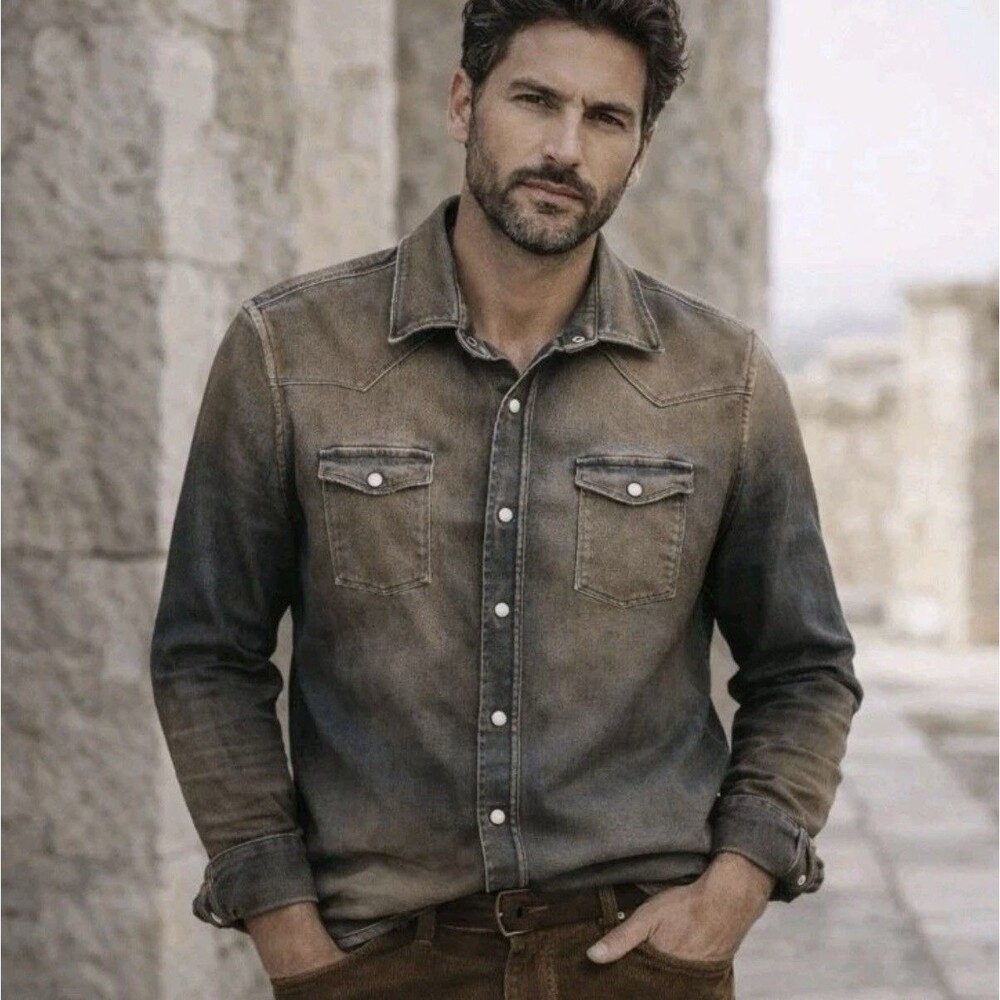 Teleria Zed Roper Men LRG Denim Pearl Snap Western Shirt Distressed Brown Italy